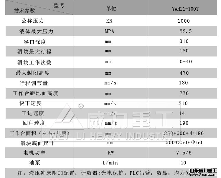 100吨液压冲床技术参数